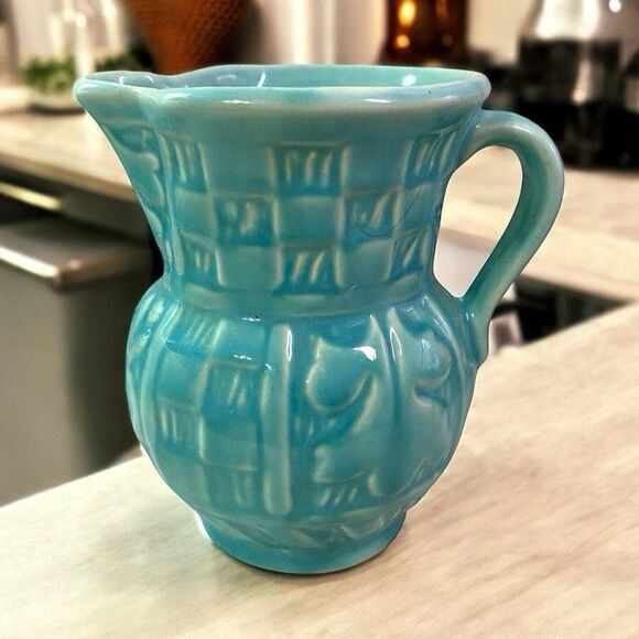 Unmarked Other - Old Aqua Green Pottery Pitcher w Handle 4.5” Oak Leaf Checked Vintage Excellent